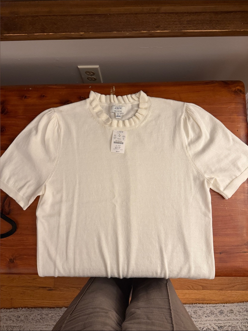 J. Crew Cream Ruffle-Trim Short Puff Sleeve Knit Top - Picture 3 of 7
